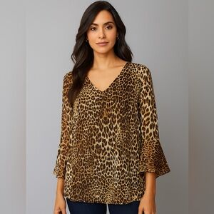 Lola & Sophie Silk Cheetah Print Long Sleeve Top Bell Sleeve open‎ back Large